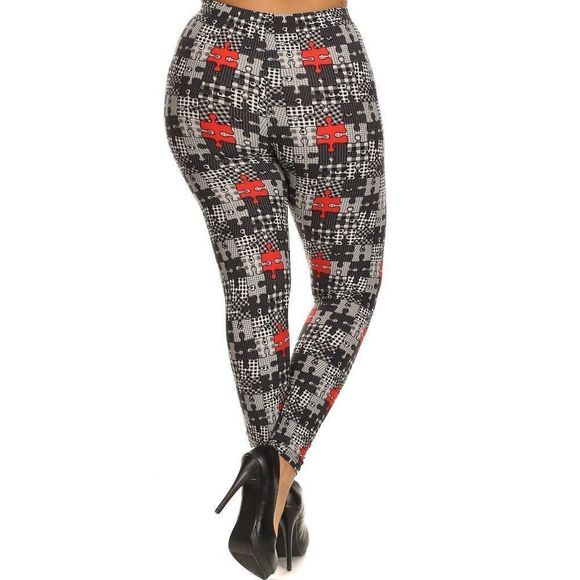 (Plus) Curvy Black White Red Puzzle Pattern Print Leggings - Picture 3 of 4